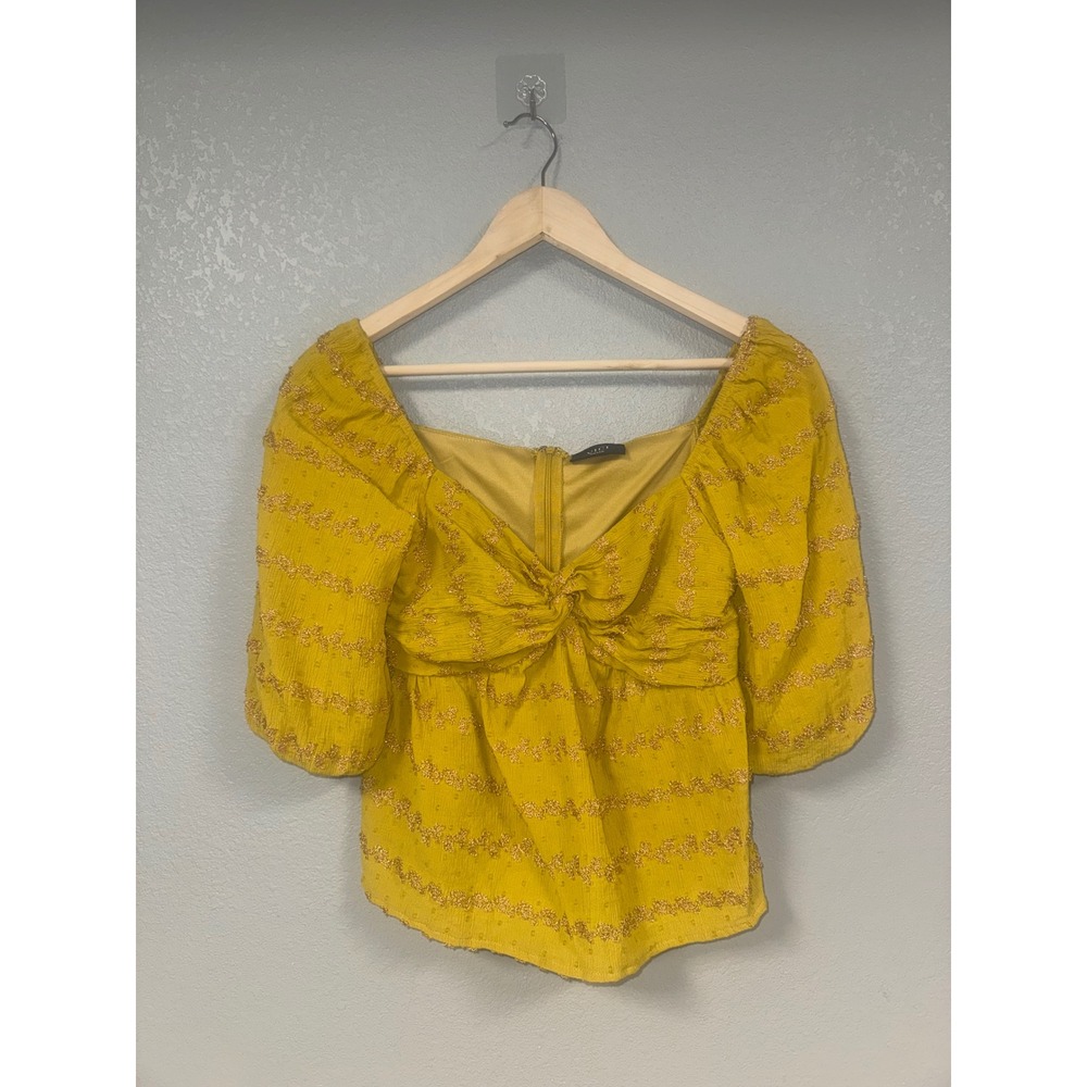 VICI Yellow Embroidered‎ Square Neck Twist Front Peplum Top Women's Small
